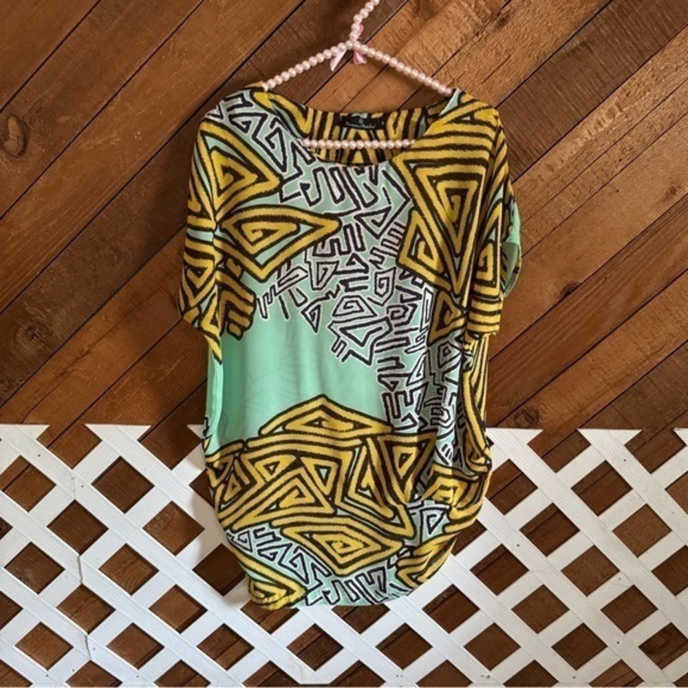 Y2K style yellow and seafoam green abstract print asymmetrical top size S